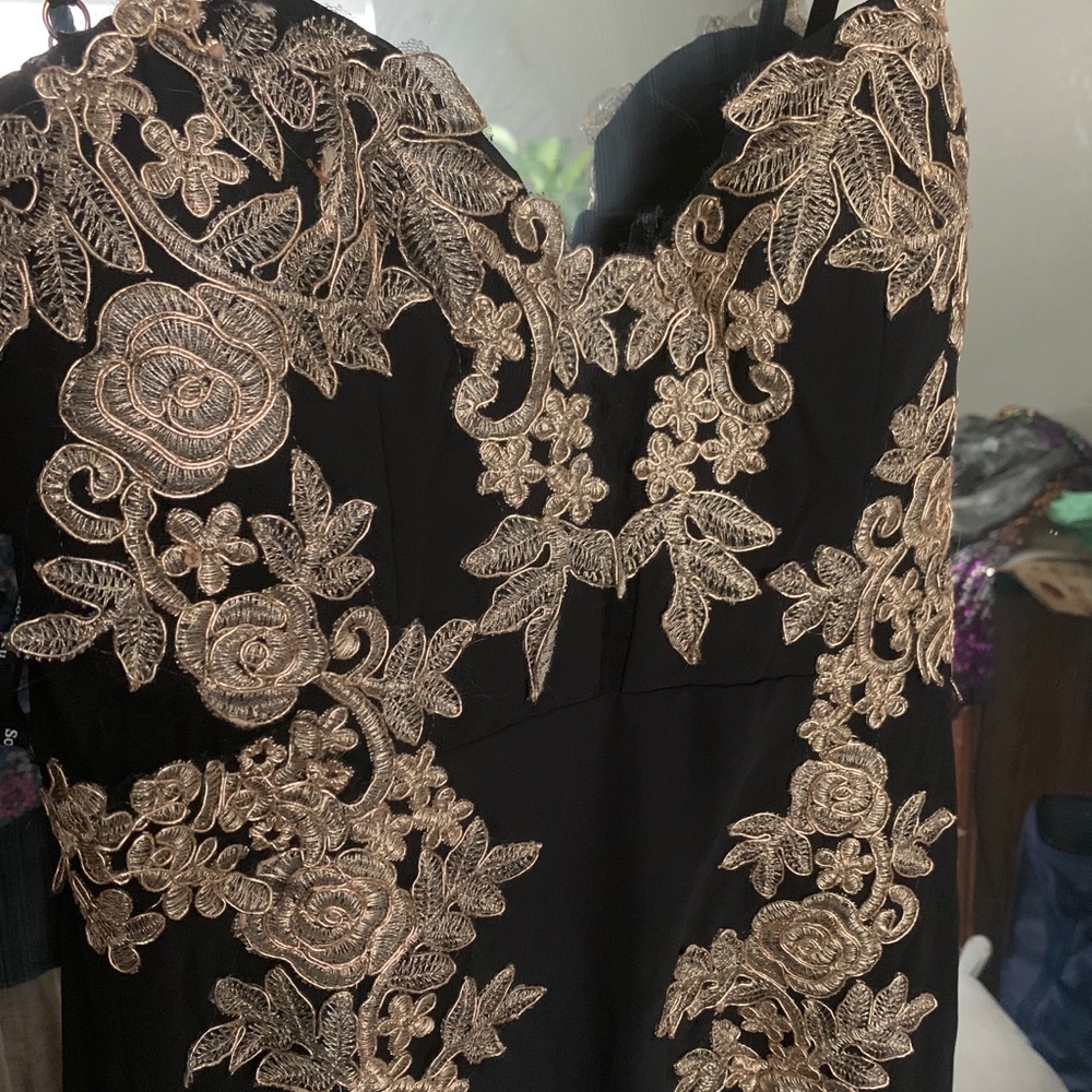 Long Floral Embroidered Gown with gold accent